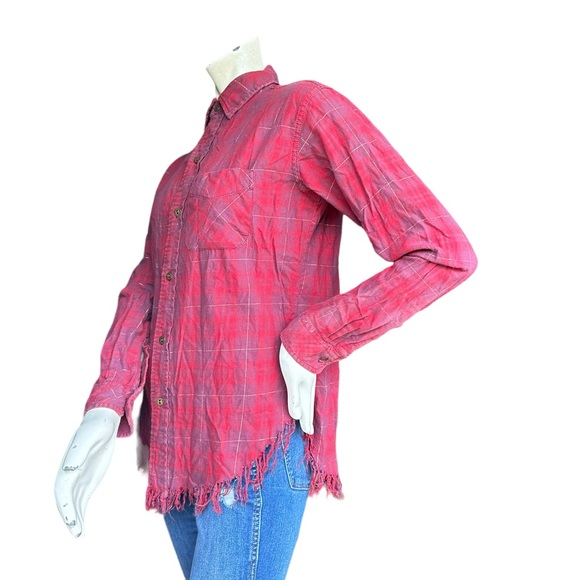 Current/Elliott Red Plaid Button Down Flannel Shirt with Fringe Raw Trim Size 0 - Picture 7 of 12